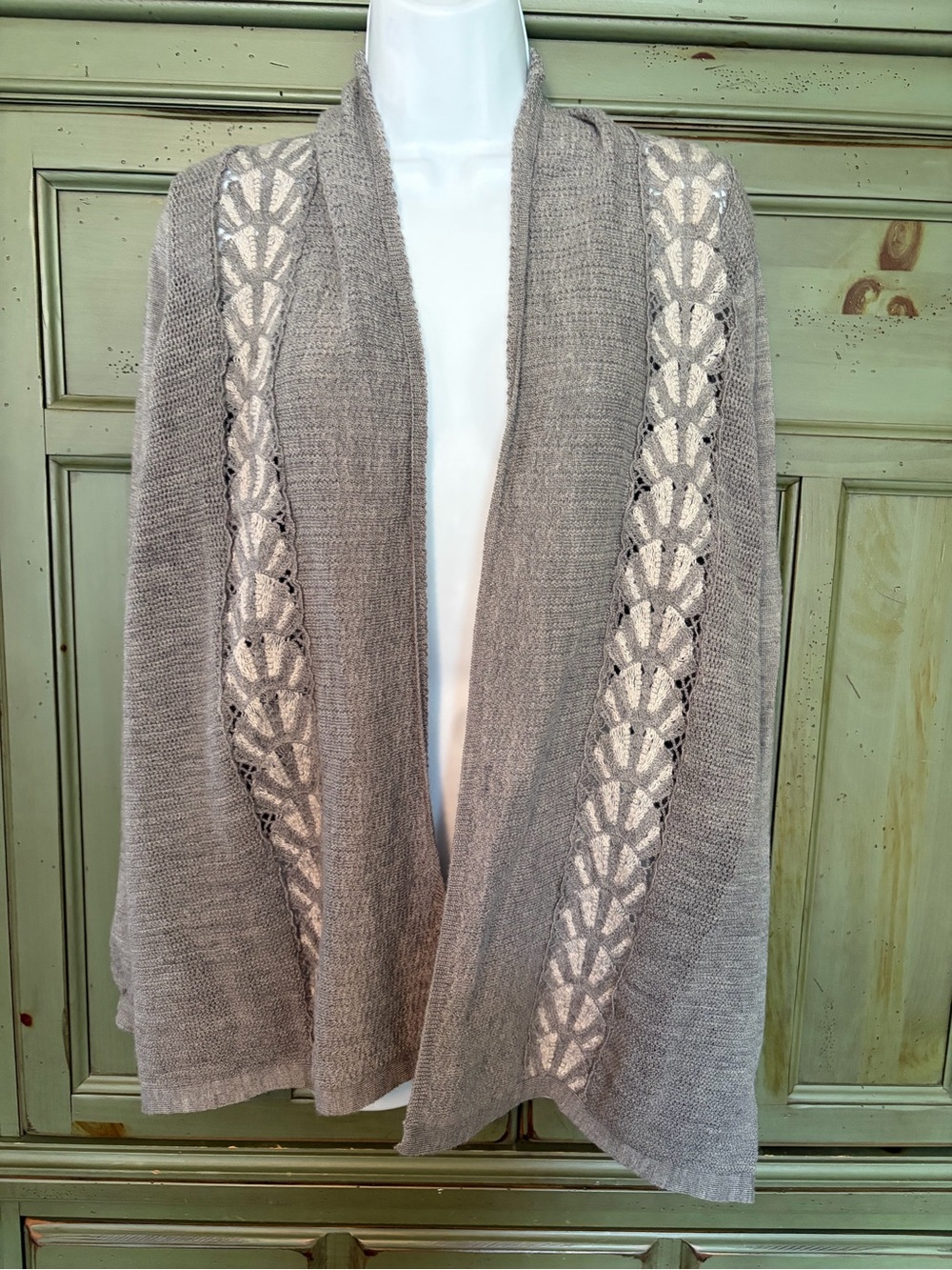 Anthropologie Gray Open-Front Cardigan with Cream Lace Panels